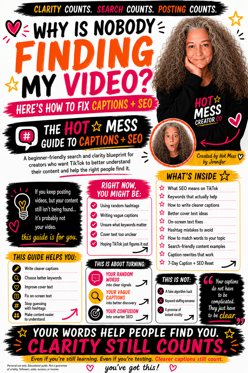 Illustration highlighting The Hot Mess Guide to Captions + SEO for better TikTok video visibility and clarity.