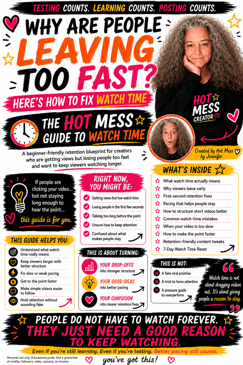 The Hot Mess Guide to Watch Time infographic explaining viewer retention strategies for creators.
