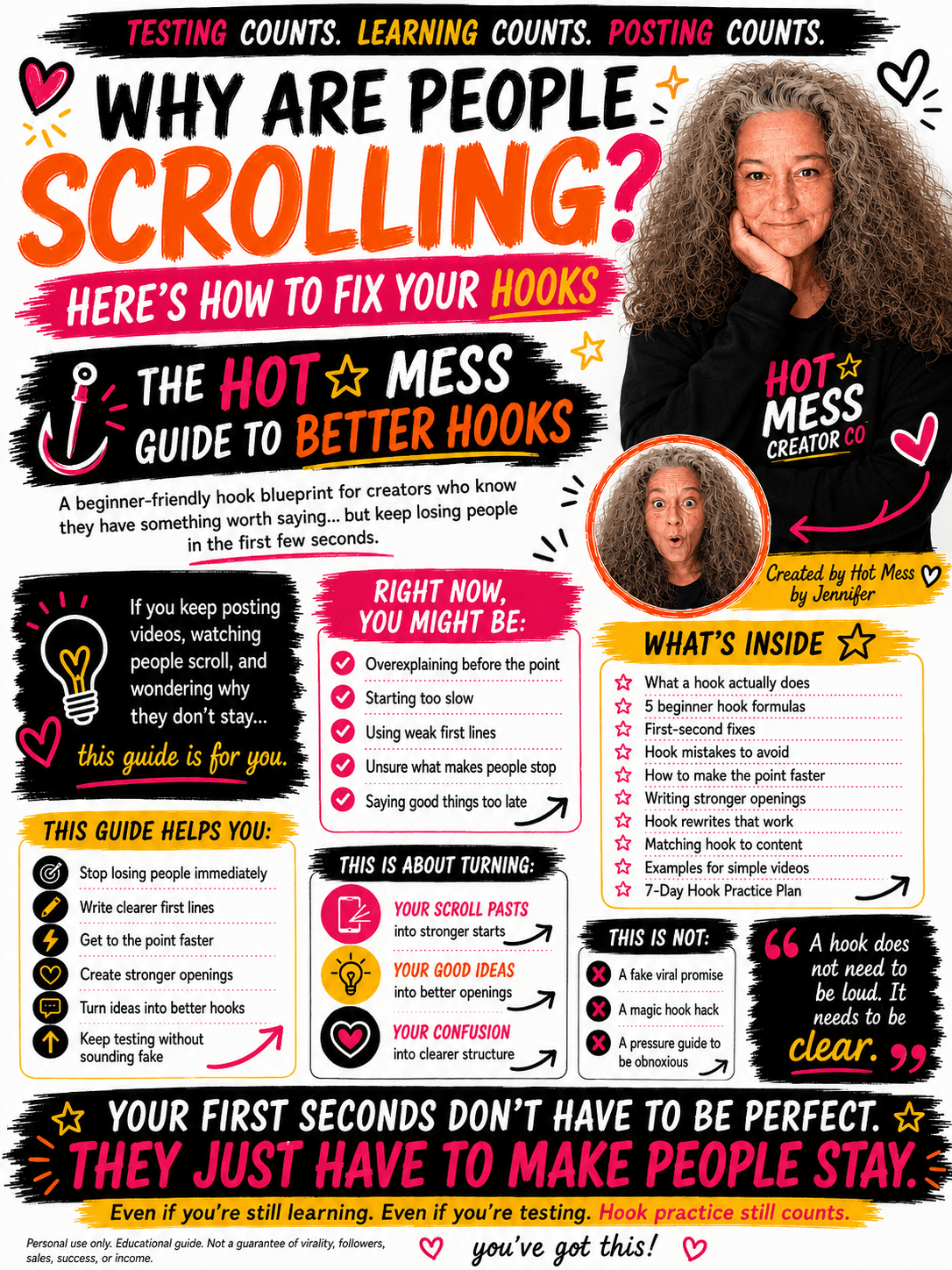 Infographic titled 'The Hot Mess Guide to Better Hooks' explaining how to create engaging video hooks.