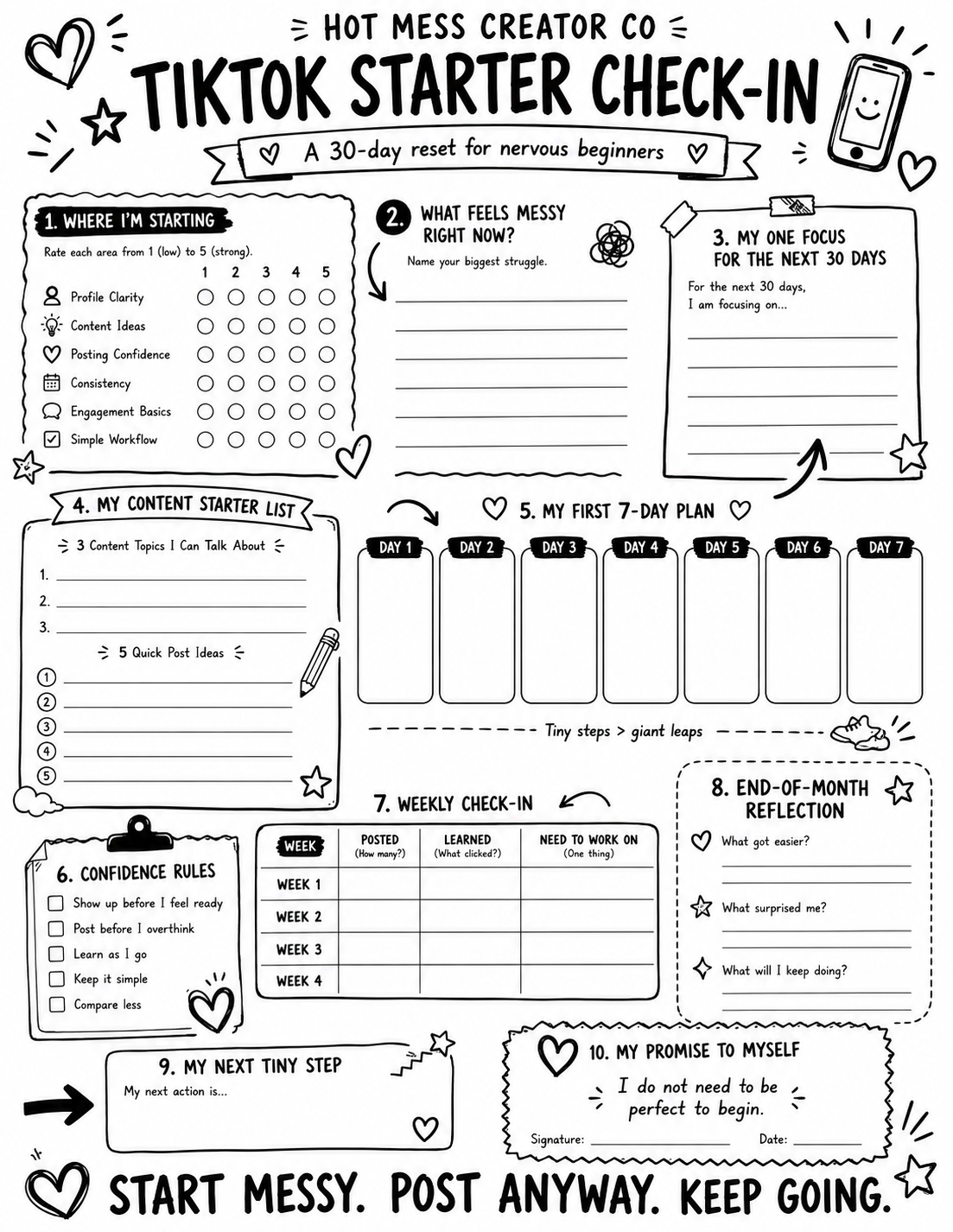 The Hot Mess TikTok Beginner Workbook + Creator Check-in Card
