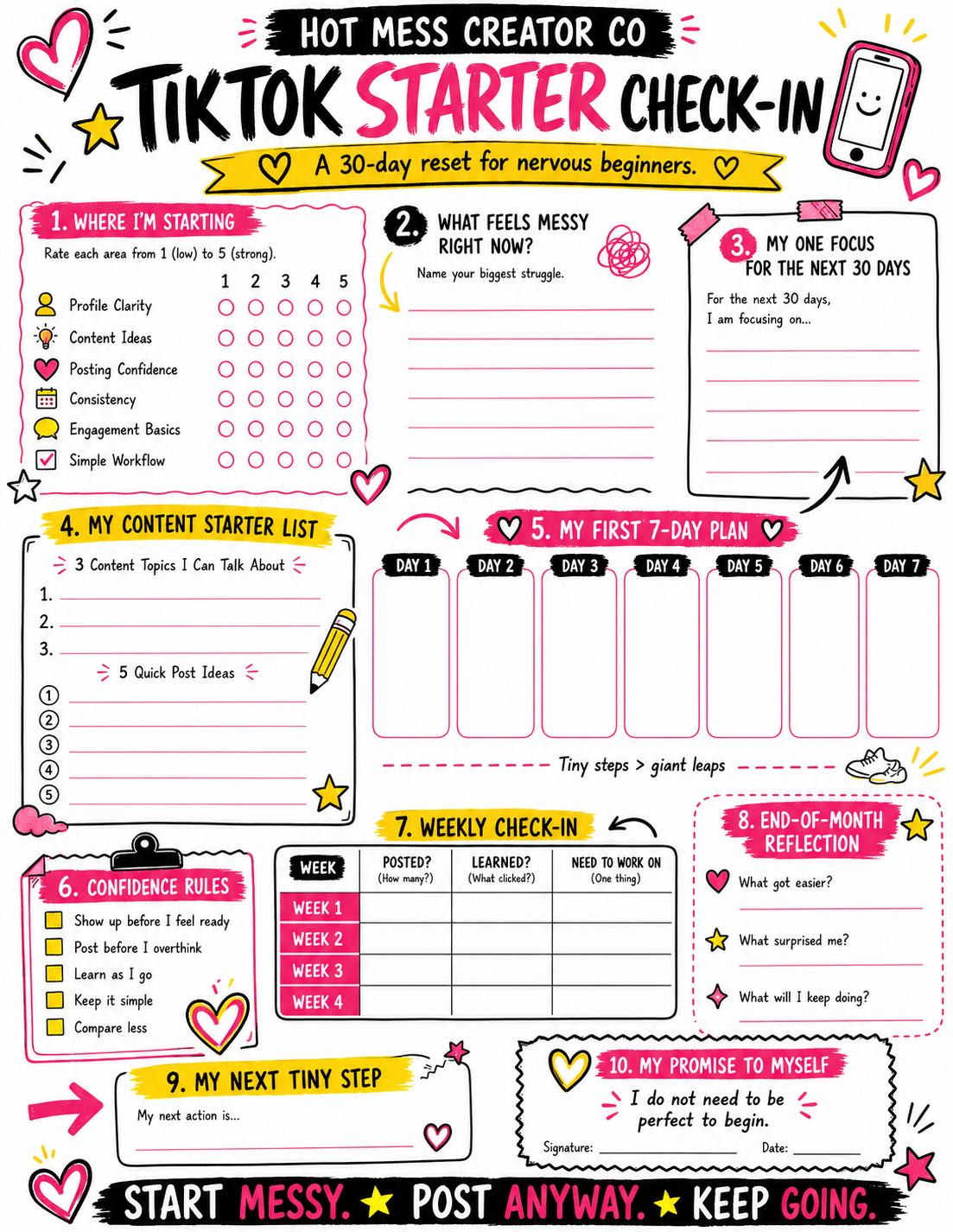 The Hot Mess TikTok Beginner Workbook + Creator Check-in Card