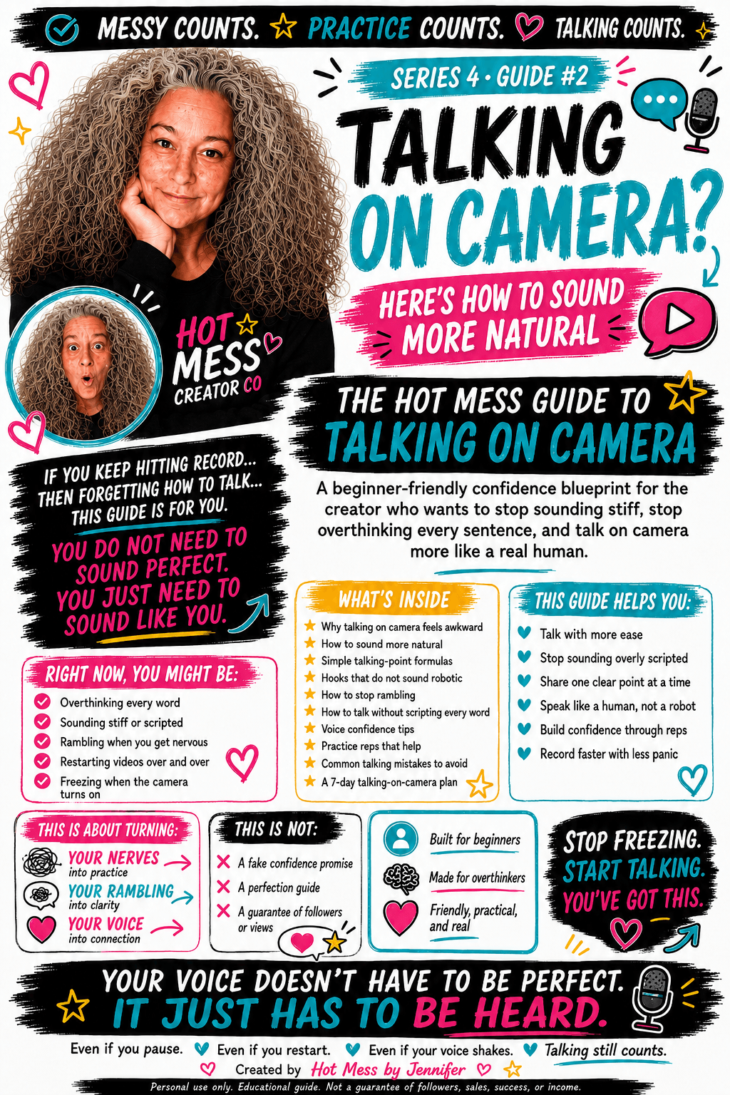 The Hot Mess Guide to Looking Natural on Video infographic about sounding natural on camera with tips and confidence advice.