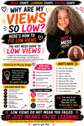 Infographic titled 'The Hot Mess Guide to Low Views' with strategies for improving low video views on platforms like TikTok.